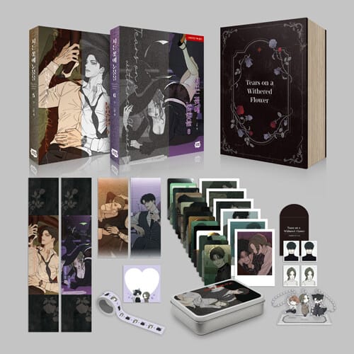시든 꽃에 눈물을 5~6 특별판 세트 - 전2권 - 세로형 엽서 2종 + 태하&해수 증명사진 세트1 + 태하 명대사 포토카드 15종 + 신혼부부 폴라로이드 6종 + 틴케이스 1종 + SD캐릭터 아크릴 키링 3종 + 떡메모지 1종 + 마스킹테이프 1종 + 북케이스 + 작가 친필 사인 인쇄